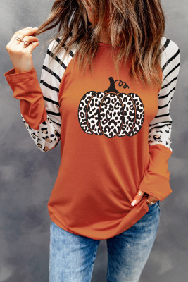 Orange Leopard Pumpkin Graphic Contrast Long Sleeve Top LC25123153-14