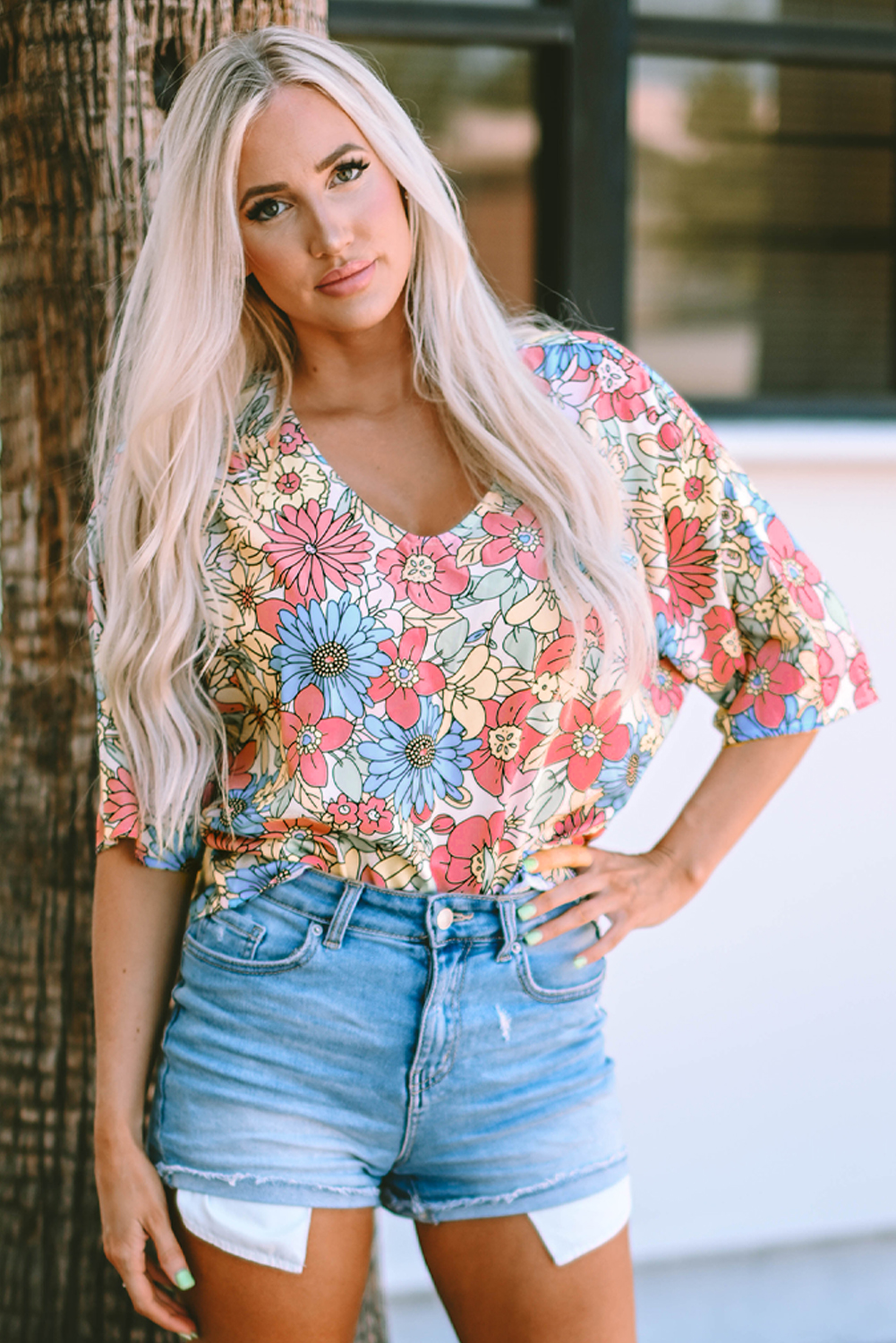 Blouse Femme Bleu Multicolore Taille S - Manches Courtes, Col V, Motif Floral Abstrait, Neuf Avec étiquettes