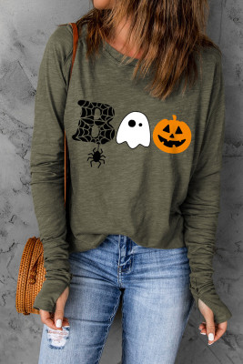 Green Halloween BOO Print Long Sleeve Graphic T Shirt LC25124699-9
