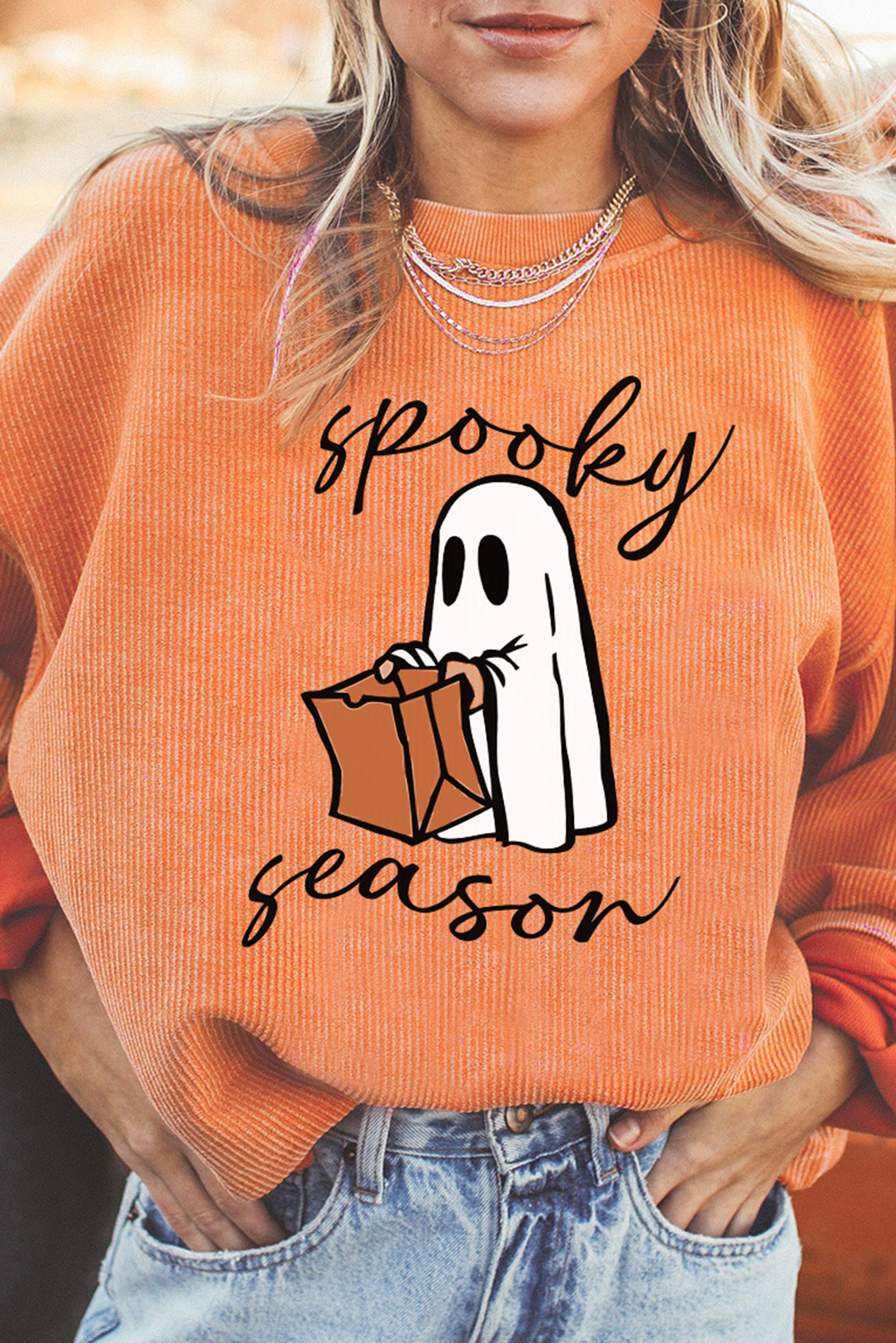 Orange BOO HAW Ghost Halloween Print Drop Sleeve Sweatshirt