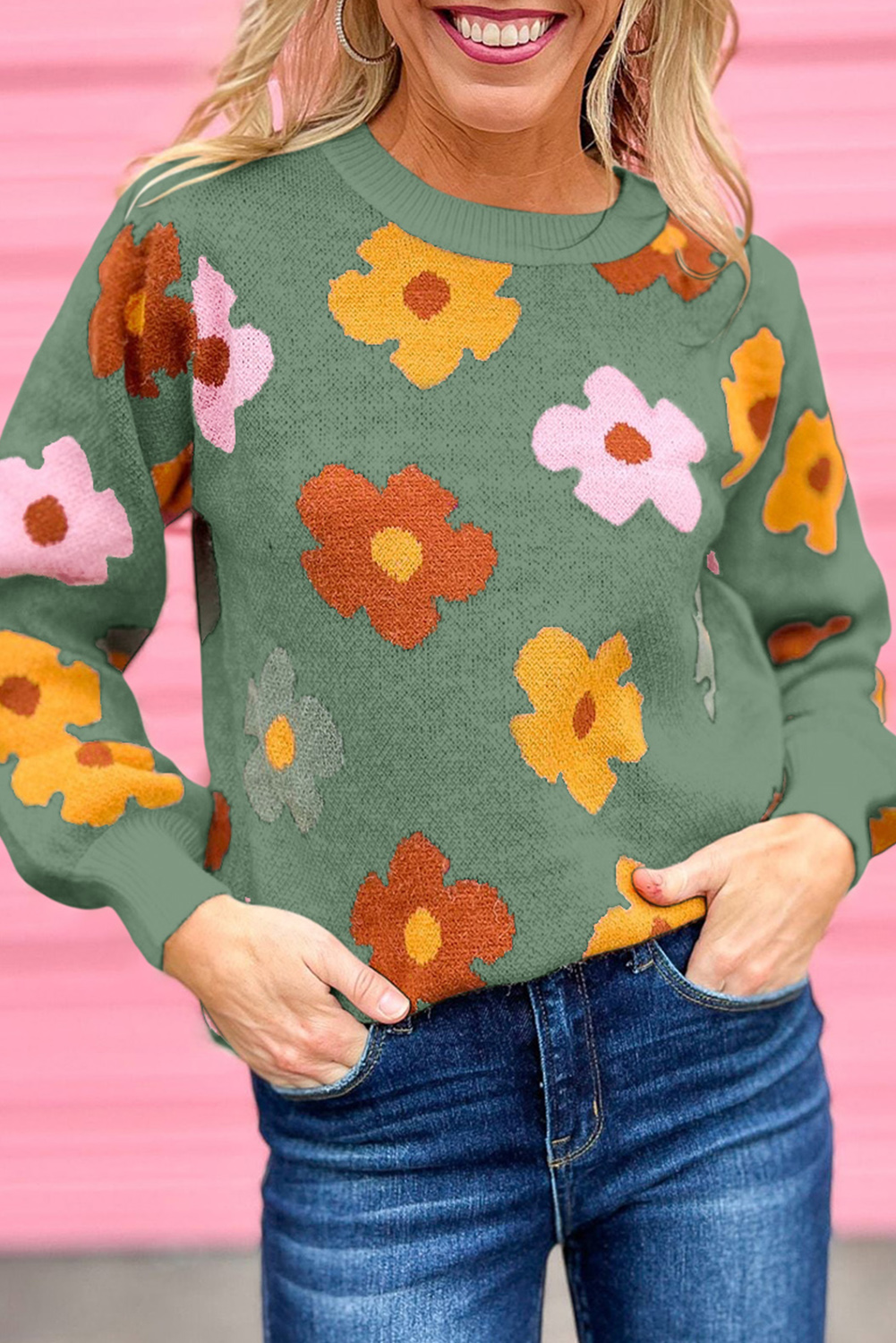 US$ 11.62 Drop-shipping Green Sweet Flower Knitted Ribbed Hem Sweater for Women