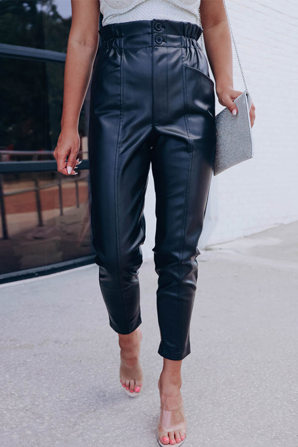 US$ 11.12 Drop-shipping Black Smocked High Waist Faux Leather Skinny ...
