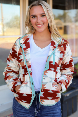 Fiery Red Western Aztec Buttoned Zipper Pockets Fleece Jacket LC8512850-3