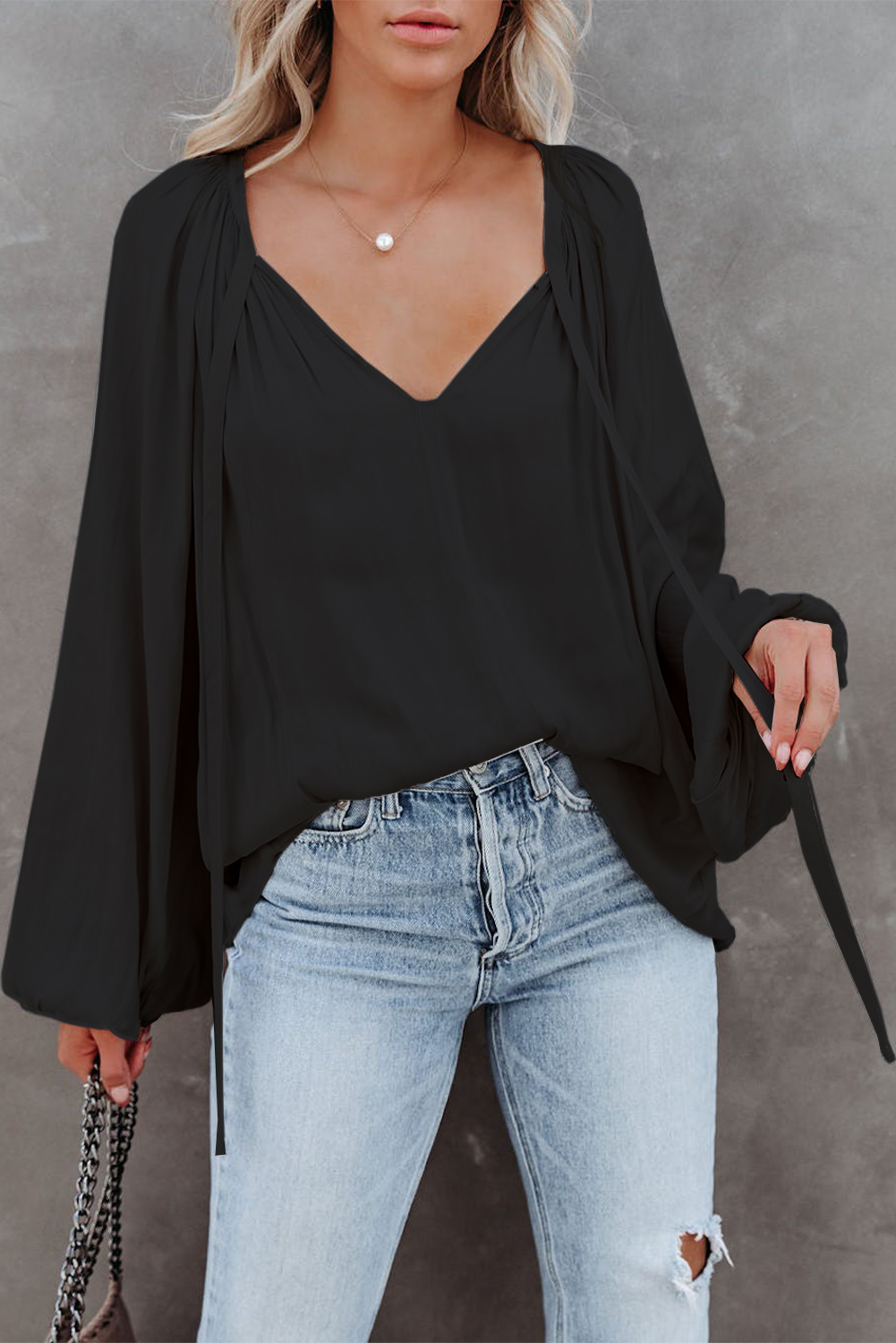 US$ 7.13 Drop-shipping Black Tie V Neck Pleated Puff Sleeve Satin ...