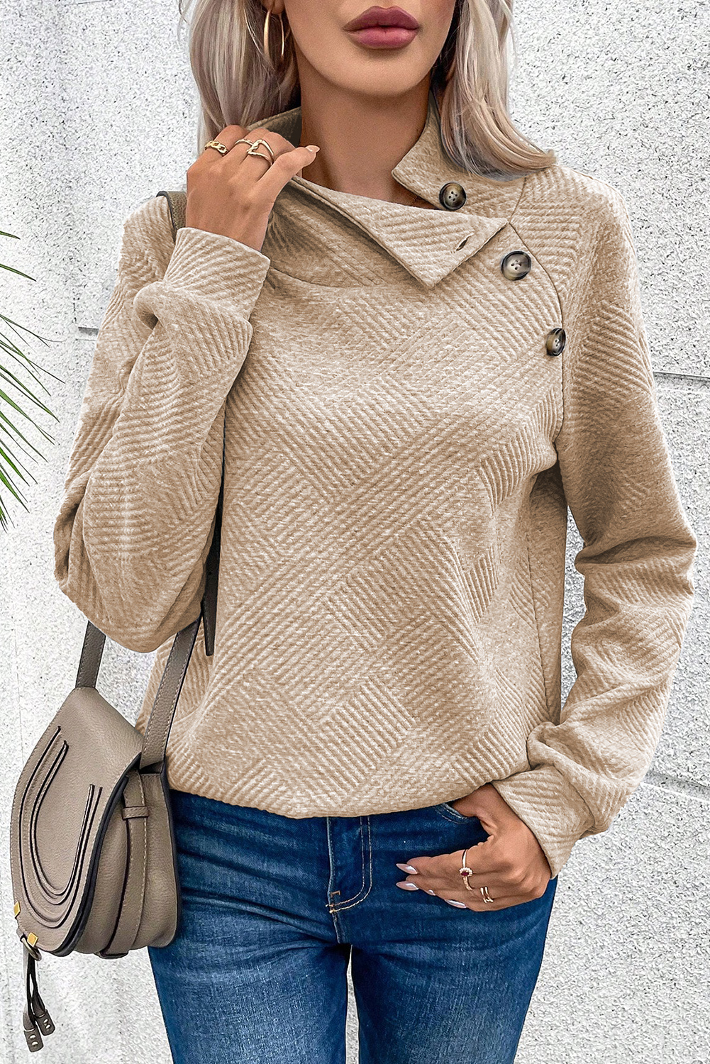 US$ 6.41 Drop-shipping Apricot Asymmetric Buttons Detail High Neck Textured  Sweatshirt for Women