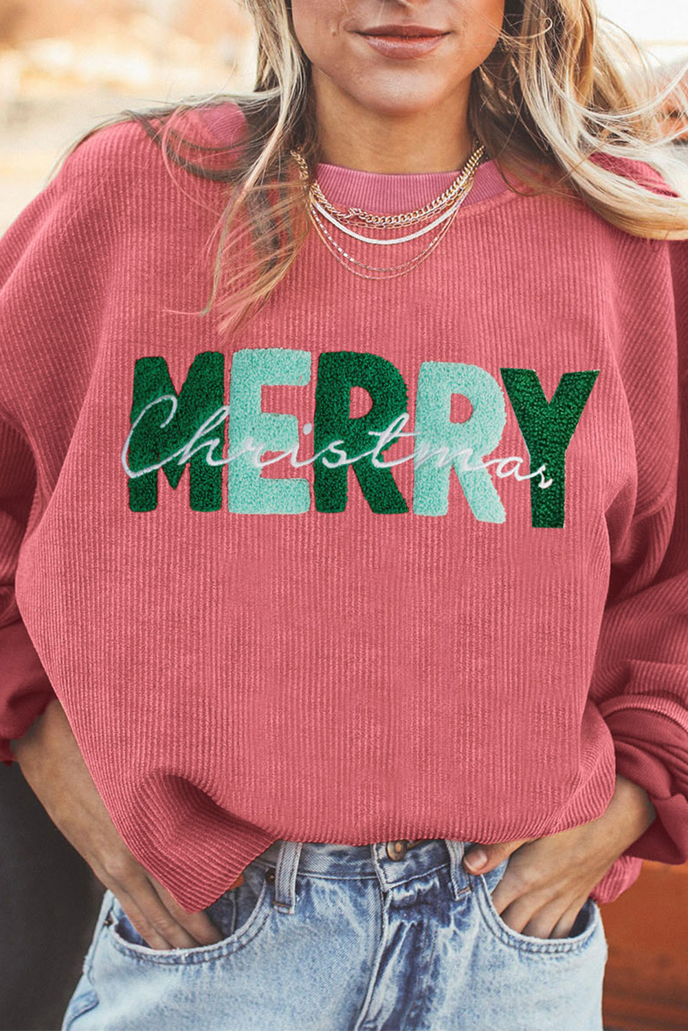 US$ 11.59 Drop-shipping Strawberry Pink MERRY Christmas Corded Pullover