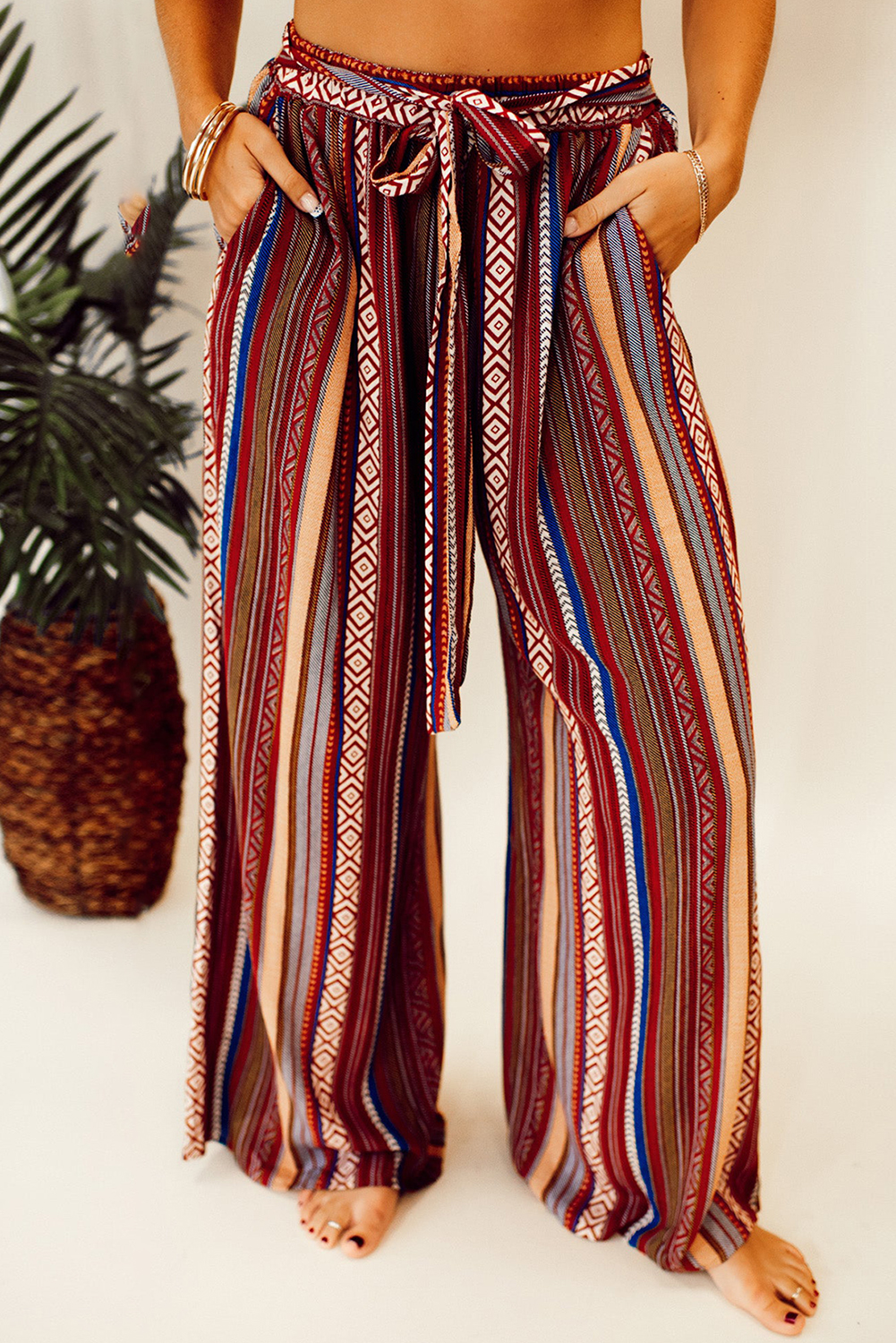 US$ 7.46 Drop-shipping Red Boho Ethnic Striped Print Tie Waist Wide Leg ...