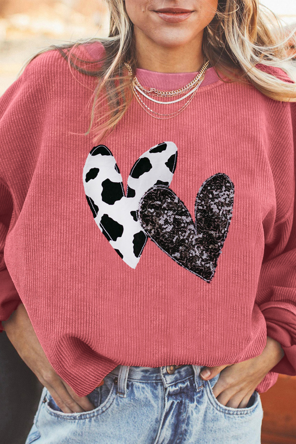 Heart Sequin Striped Dropped Shoulder Sweatshirt