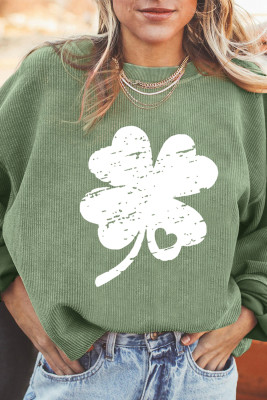 Grass Green Distressed Clover Print St Patricks Corded Sweatshirt LC25317153-P1109
