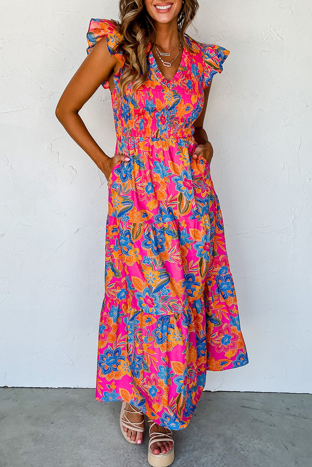 Red Rayon Floral Print V Neck Adjustable Belt Boho Dress