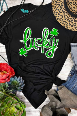 Black St. Patricks Lucky Clover Print O Neck T Shirt LC25224588-2