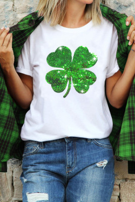 White Sequin Clover Patch Graphic St Patrick Fashion Tee LC25224602-1