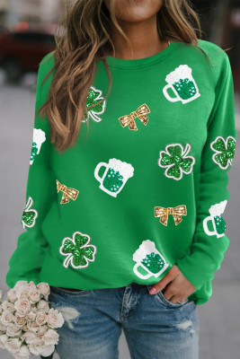 Green St Patrick Sequin Patch Graphic Drop Shoulder Sweatshirt LC25317205-9