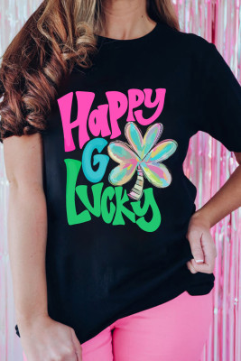 Black Happy GO Lucky Clover Print Crew Neck T Shirt LC25224617-2