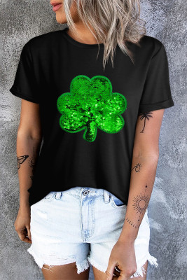 Black Sequin Clover Embroidered Round Neck Graphic Tee LC25224616-2