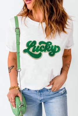 White St. Patrick Lucky Chenille Glitter Patched Graphic T Shirt LC25224712-1