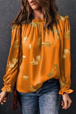 Orange Cheetah Printed Ruffled Sleeve Blouse LC25126228-P1420