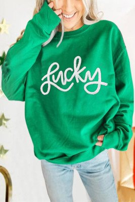 Green LUCKY Aphabet Chenille Embroidered Pullover Sweatshirt LC25316132-P9