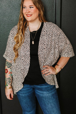 Khaki Plus Size Leopard Print Half Sleeve Open Front Cardigan PL254203-P1620