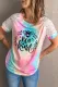 Multicolor Letter Bee Tie-dyed Print Lace Short Sleeve T-shirt