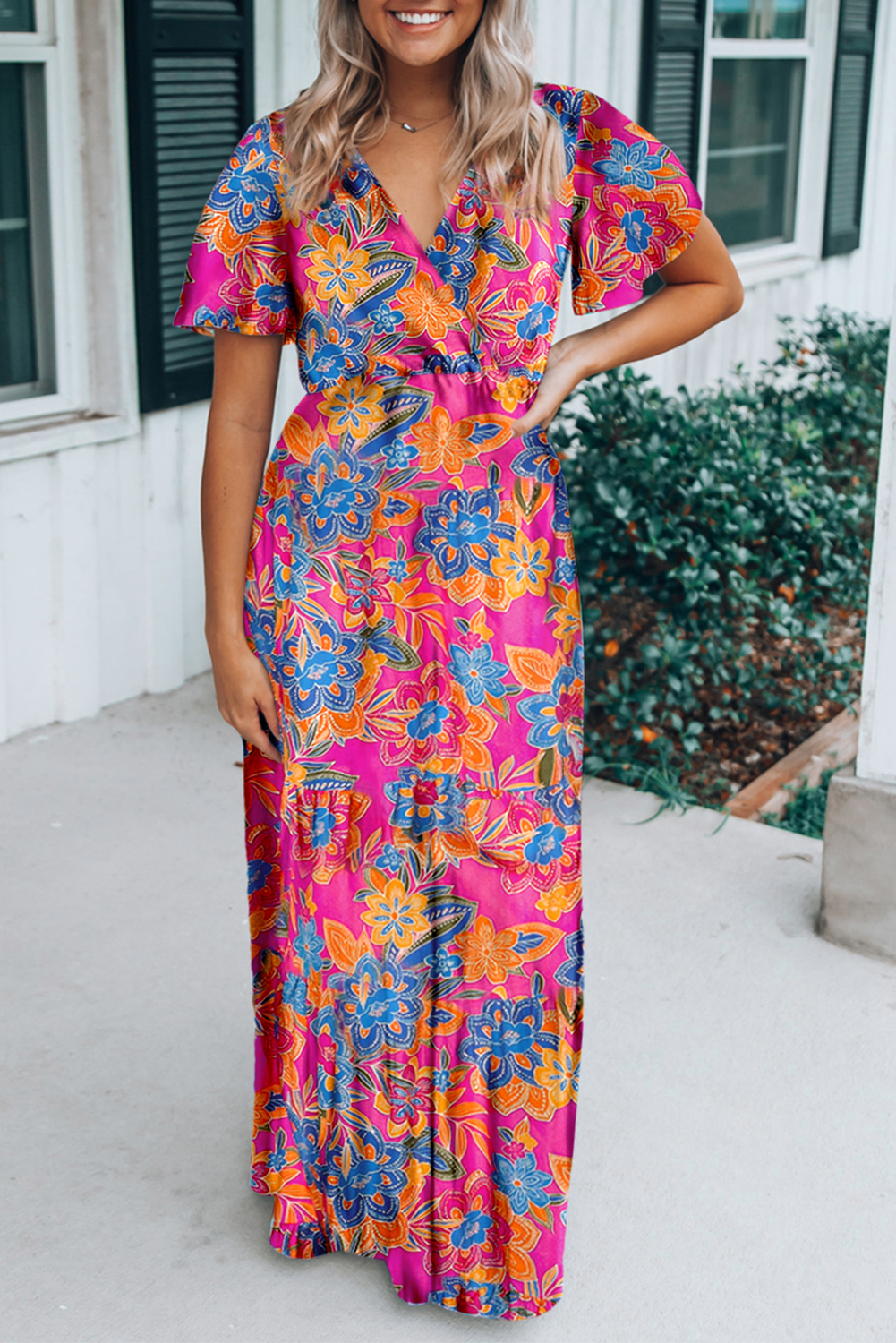 Women's Maxi Dress Floral Wrap V-Neck 3/4 Sleeve A-Line – Formal
