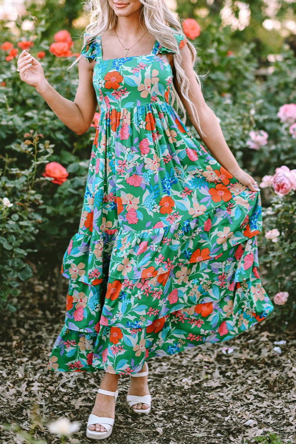 US$ 17.11 Drop-shipping Green Floral Print Sleeveless Ruffle Tiered ...