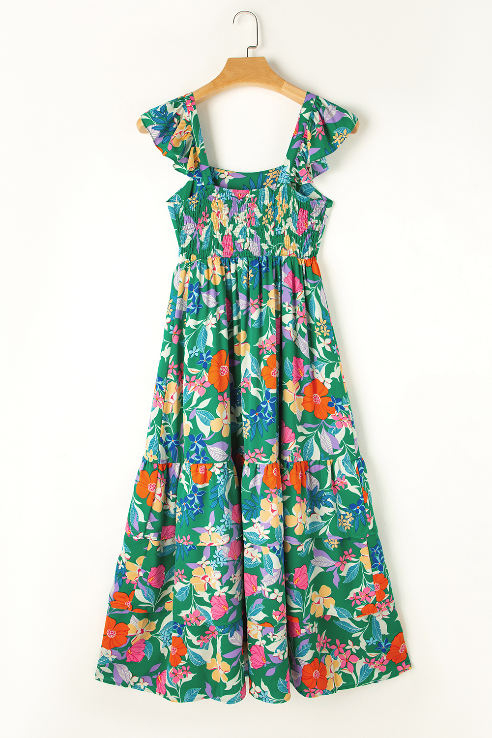 US$ 17.11 Drop-shipping Green Floral Print Sleeveless Ruffle Tiered ...