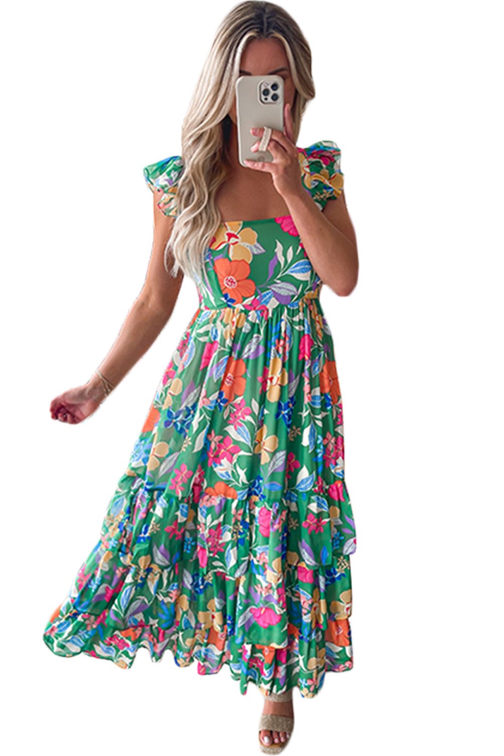 US$ 17.11 Drop-shipping Green Floral Print Sleeveless Ruffle Tiered ...