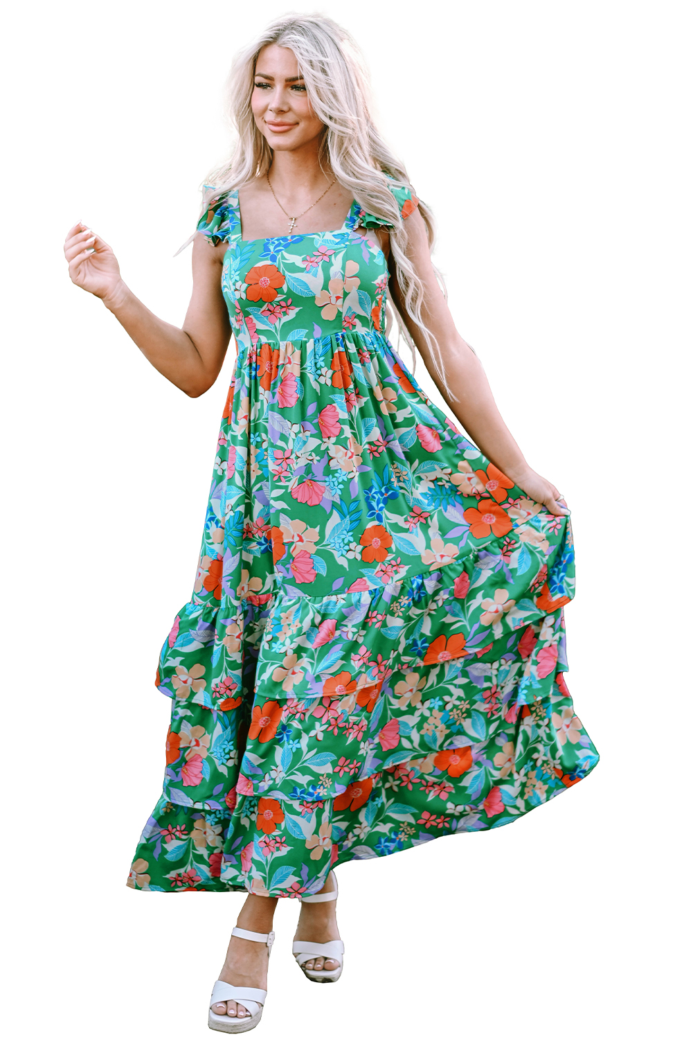 US$ 17.11 Drop-shipping Green Floral Print Sleeveless Ruffle Tiered ...