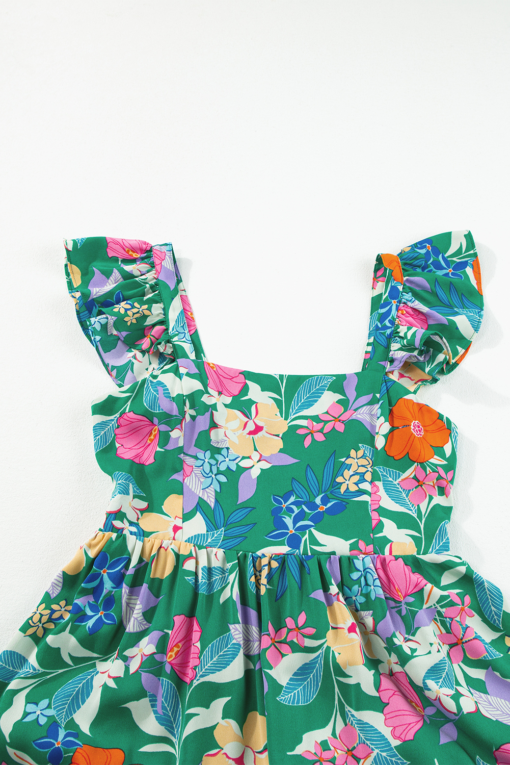 US$ 17.11 Drop-shipping Green Floral Print Sleeveless Ruffle Tiered ...