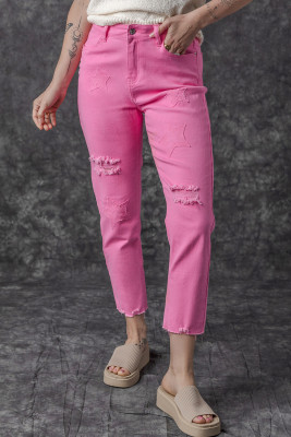 Pink Star Shape Patchwork Mid Waist Straight Leg Jeans LC7873347-10
