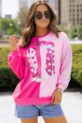 Pink Color Block Sequined Cowgirl Boots Graphic Sweatshirt LC25317172-P1022