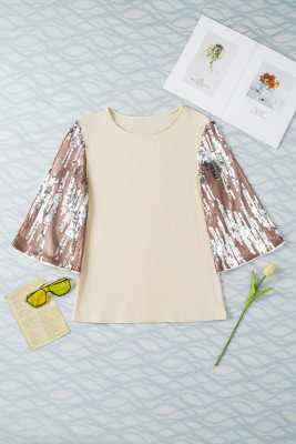 White Sequined Bell Sleeve Round Neck Blouse LC25126142-P101