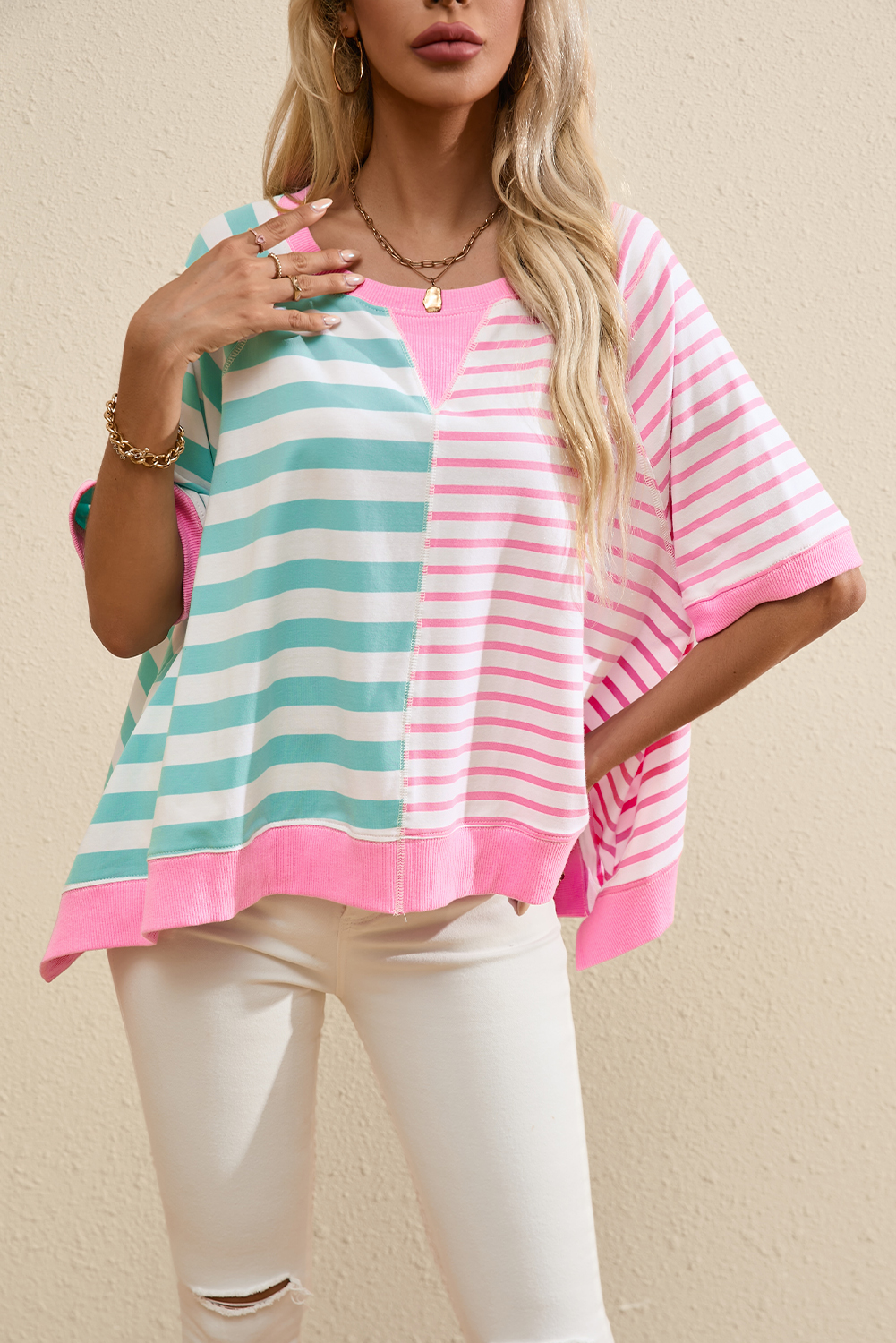 Women's patchwork contrast striped T-shirt