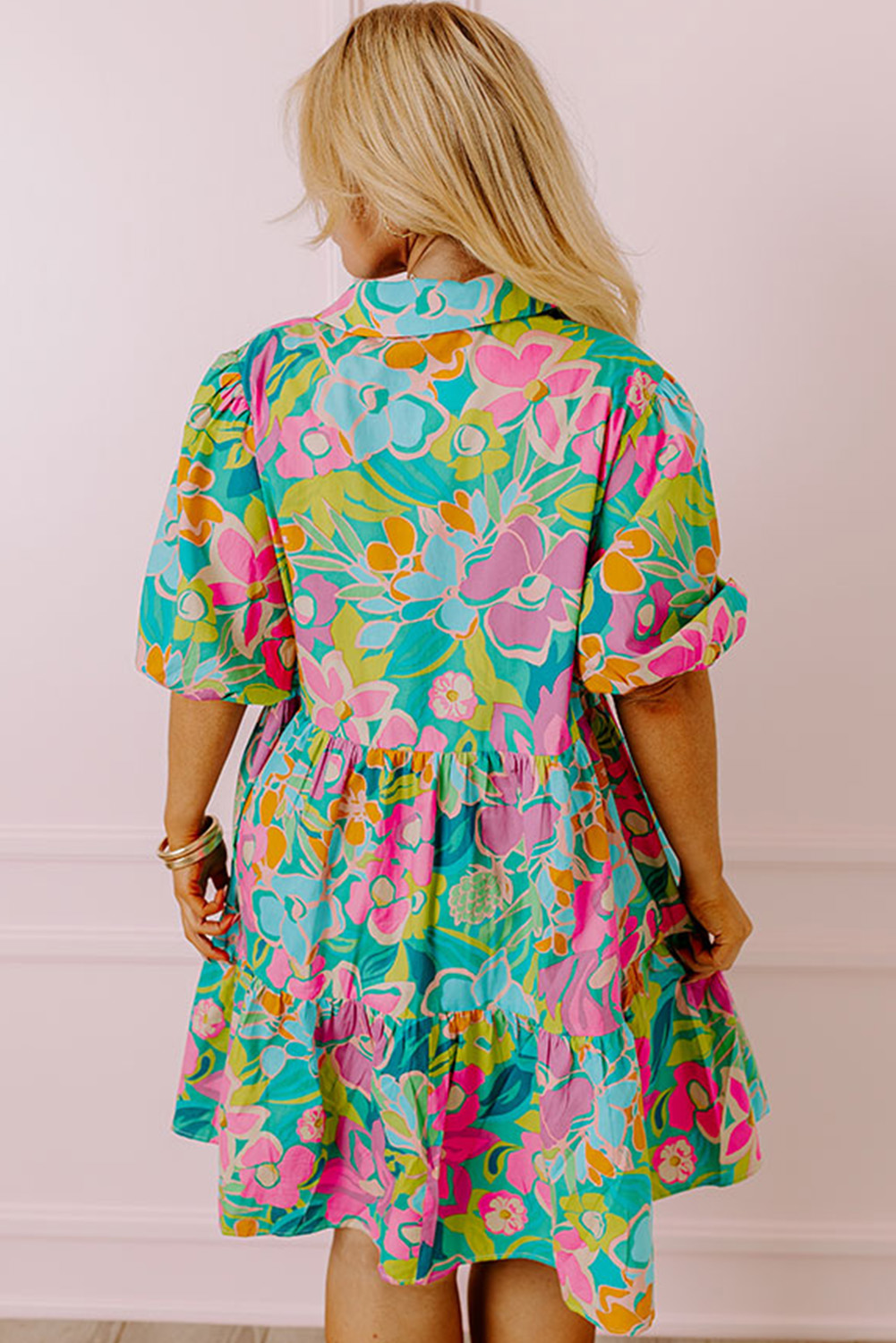US$ 12.88 Drop-shipping Green Plus Floral Print Puff Sleeve Tiered ...