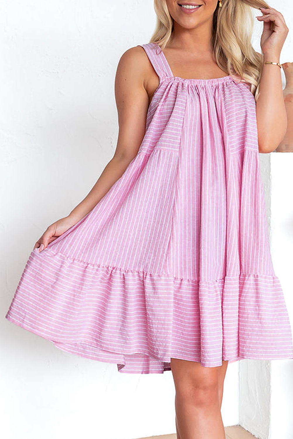 US$ 9.97 Drop-shipping Pink Stripe Pinstriped Ruffled Hem Sleeveless ...