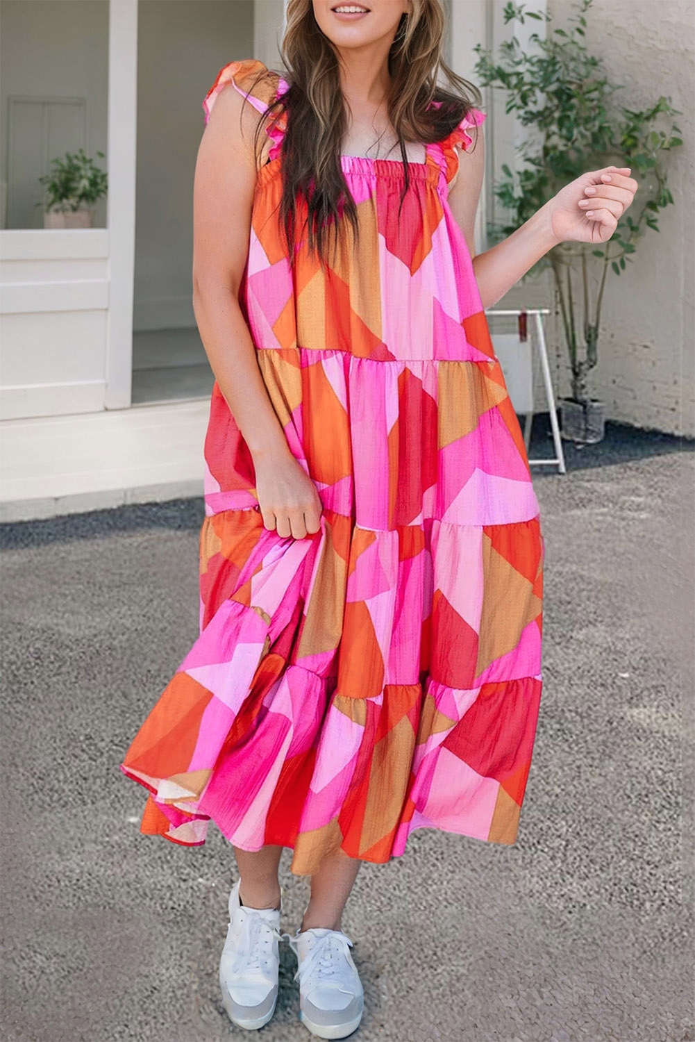 US$ 10.84 Drop-shipping Multicolour Geometric Printed Ruffled Straps ...