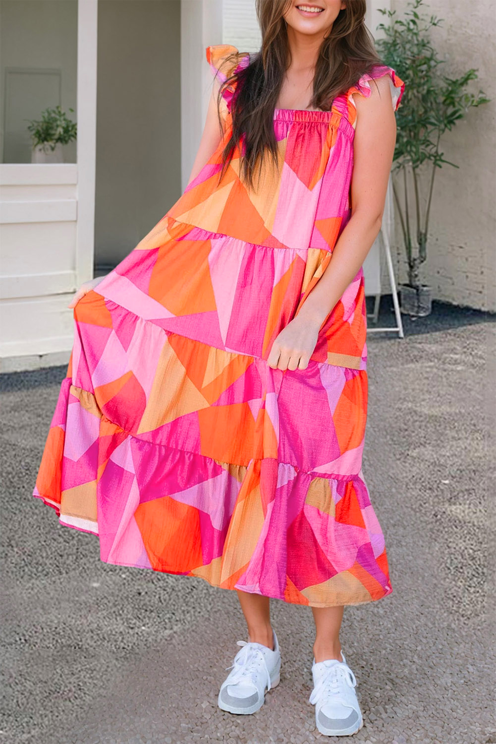 US$ 10.84 Drop-shipping Multicolour Geometric Printed Ruffled Straps ...
