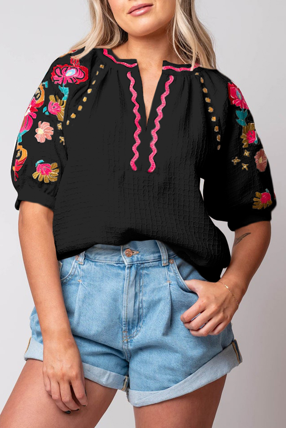 Rose Floral V Neck Ricrac Trim Ruffle Long Sleeve Blouse