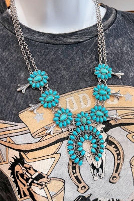 Light Blue Western Turquoise Decor Double Chain Necklace BH013092-P4