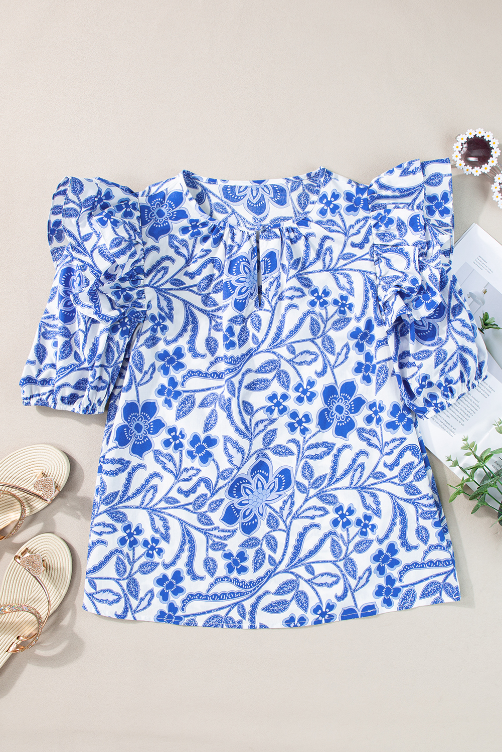 US$ 8.29 Drop-shipping Dark Blue Floral Print Ruffled Bubble Sleeve ...