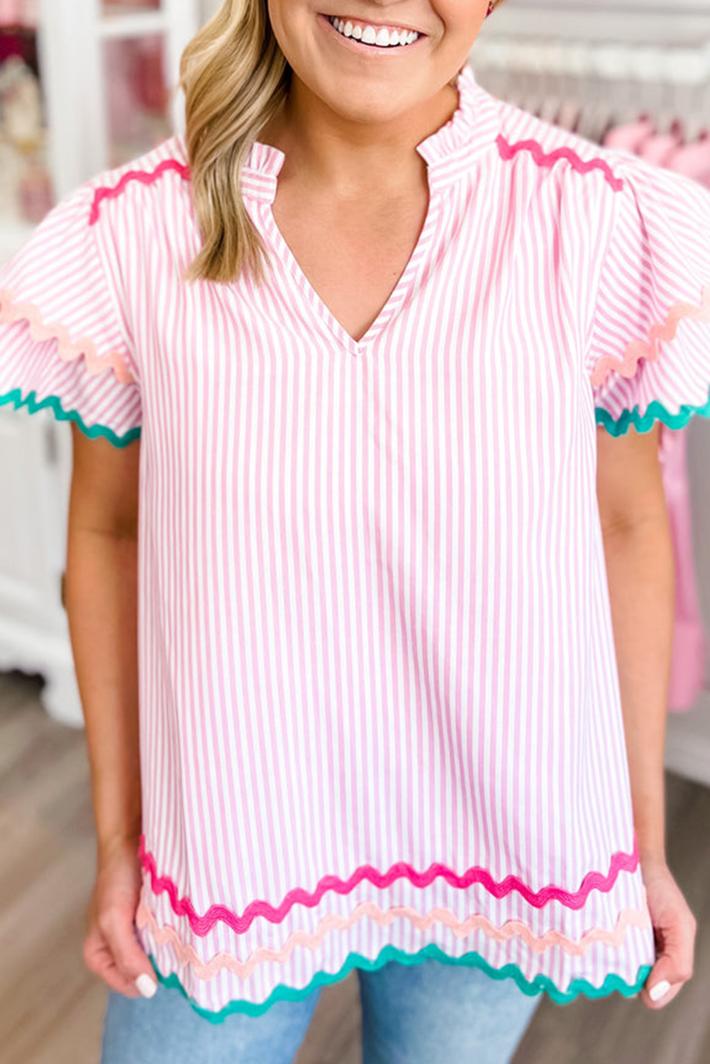Sky Blue Floral Print Striped Patchwork Long Flounce Sleeve Ricrac Trim V Neck Blouse main image 1