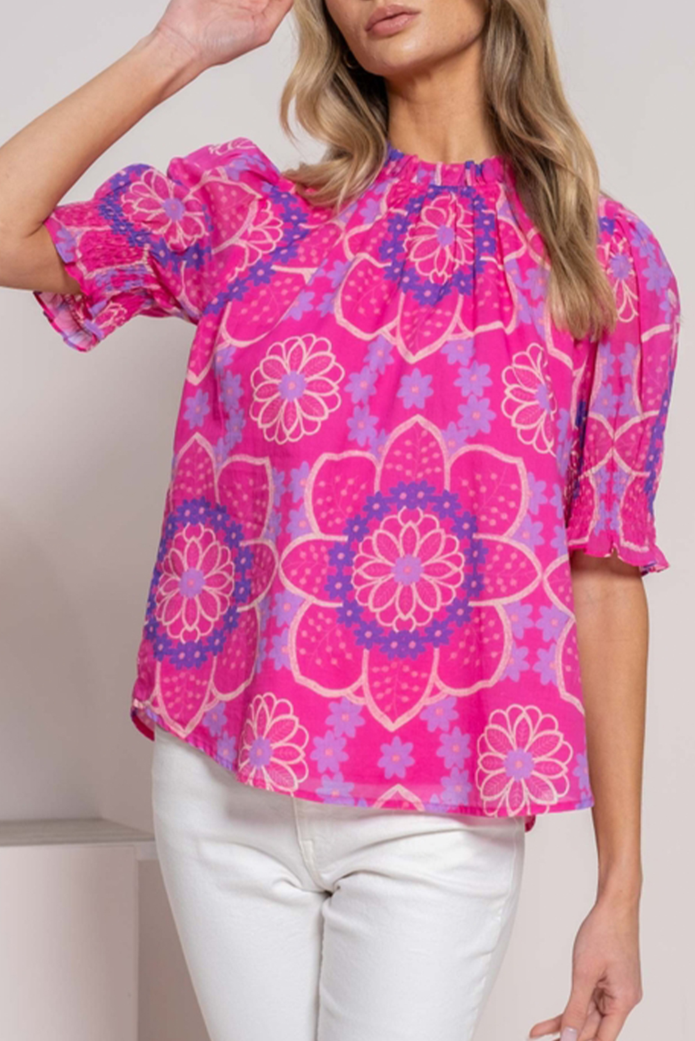 Blue Floral Print Ruffled V-Neck Puff-Sleeve Blouse