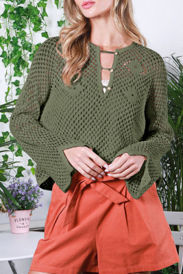 Vineyard Green Open Knit Buttoned Neck Split Sleeve Sweater LC277414-P2409