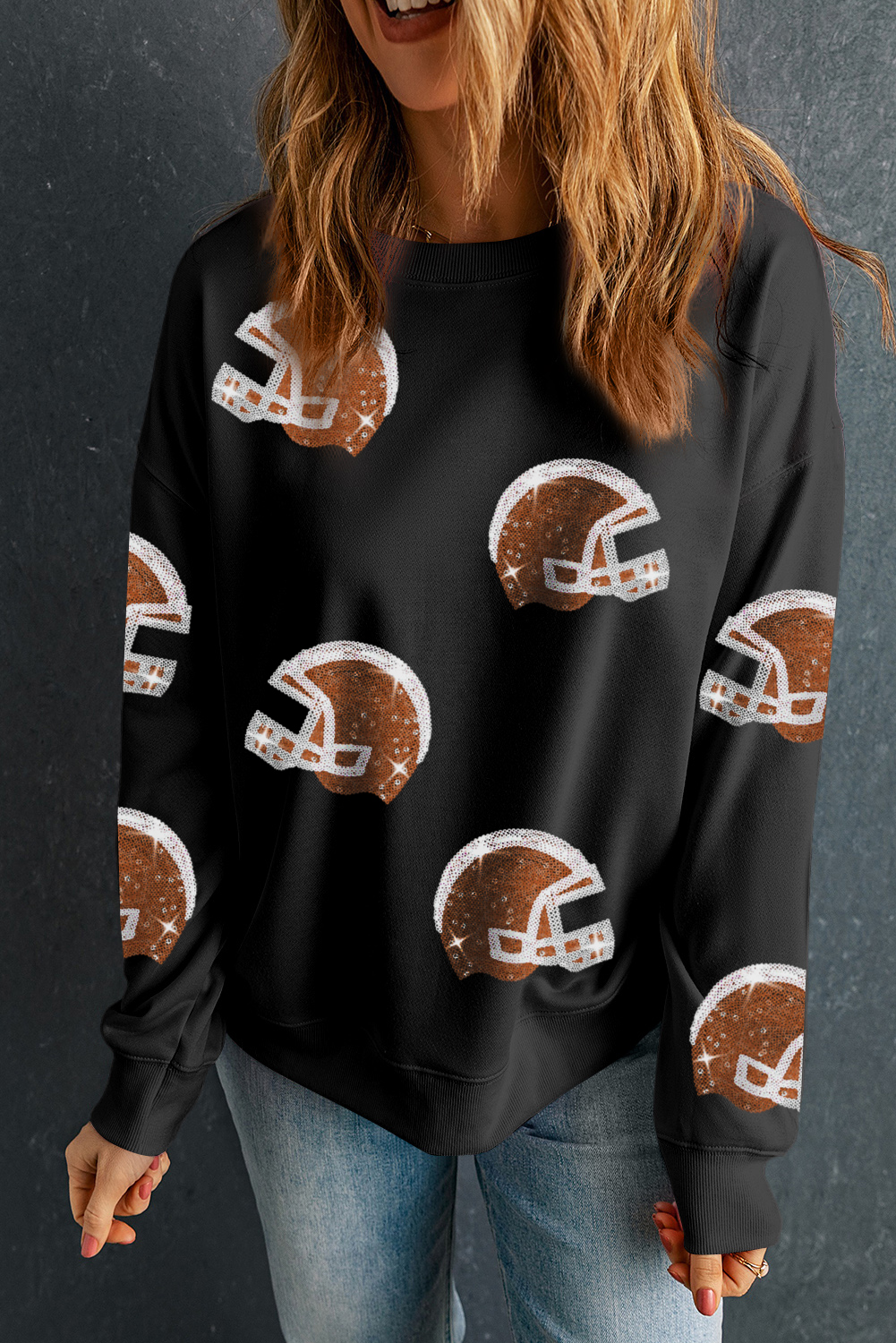 Black Sequin Rugby Football Patched Crewneck Loose T Shirt