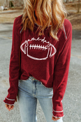 Red Game Day Rugby Football Graphic Thermal Knit Top LC25129022-3