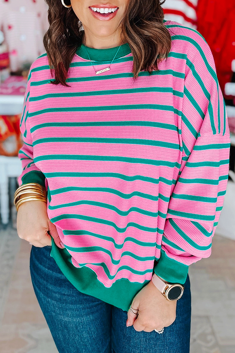 Pink Plus Size Waffle Knit Exposed Seam Shirt