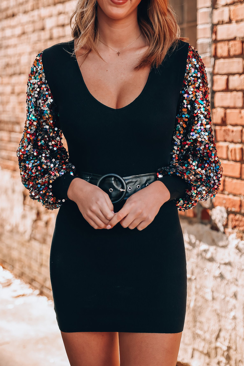 Women Colorblock Bishop Sleeve Mini Dress