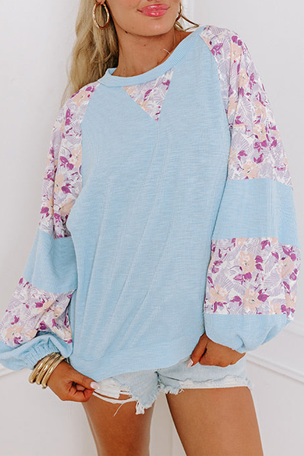 Sweet Flower Print Balloon Sleeve Blouse