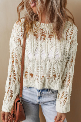 White Cut Out Crochet Crew Neck Loose Fit Sweater LC2725152-P1